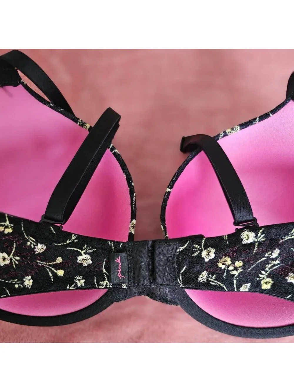 Black Floral Lace Victorias Secret Pink 34DD Push-Up Bra W/Adj Straps & Back - Picture 13 of 15